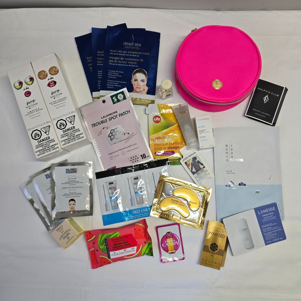 Mixed Brand Skincare Lot Masks Serums Creams Minis + Pink Bag